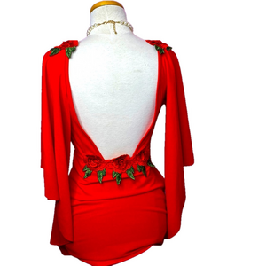 🌹 Vibrant Red Batwing Sleeve Low Cut 3D Rose Embroidery Dress 🌹 NWOT